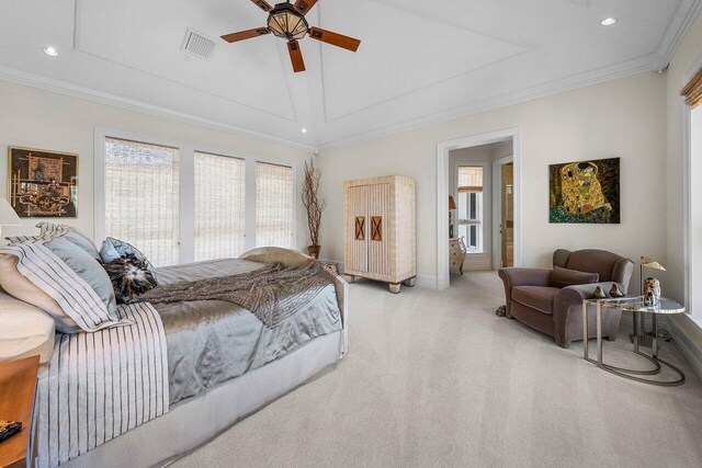 3066 SE Dune Dr, Stuart, FL 34996 - bedroom featuring light carpet, recessed lighting, baseboards, vaulted ceiling, and a ceiling fan