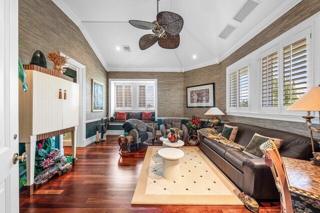 3066 SE Dune Dr, Stuart, FL 34996 - living room featuring wallpapered walls, a ceiling fan, wood finished floors, crown molding, and lofted ceiling