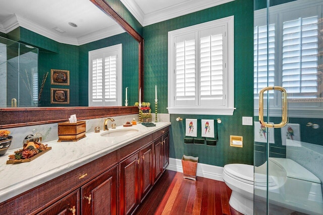 3066 SE Dune Dr, Stuart, FL 34996 - full bath with wood finished floors, a shower stall, crown molding, vanity, and toilet