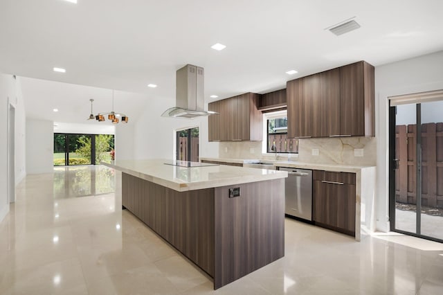 21922 Cypress Dr Unit 37B, Boca Raton, FL 33433 - kitchen with stainless steel dishwasher, island exhaust hood, modern cabinets, a spacious island, and decorative backsplash