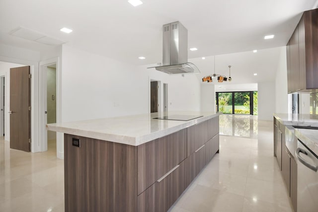 21922 Cypress Dr Unit 37B, Boca Raton, FL 33433 - kitchen with modern cabinets, island range hood, black electric cooktop, light tile patterned floors, and a spacious island