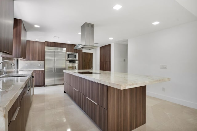 21922 Cypress Dr Unit 37B, Boca Raton, FL 33433 - kitchen with built in appliances, modern cabinets, island range hood, a sink, and a large island
