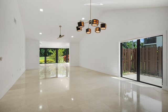 21922 Cypress Dr Unit 37B, Boca Raton, FL 33433 - spare room with light tile patterned floors, baseboards, high vaulted ceiling, recessed lighting, and a chandelier