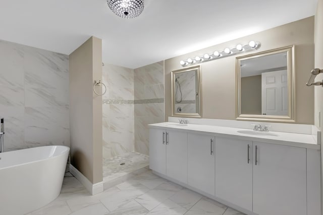 7655 Cinebar Dr Unit 105, Boca Raton, FL 33433 - bathroom with marble finish flooring, tiled shower, double vanity, and a freestanding tub