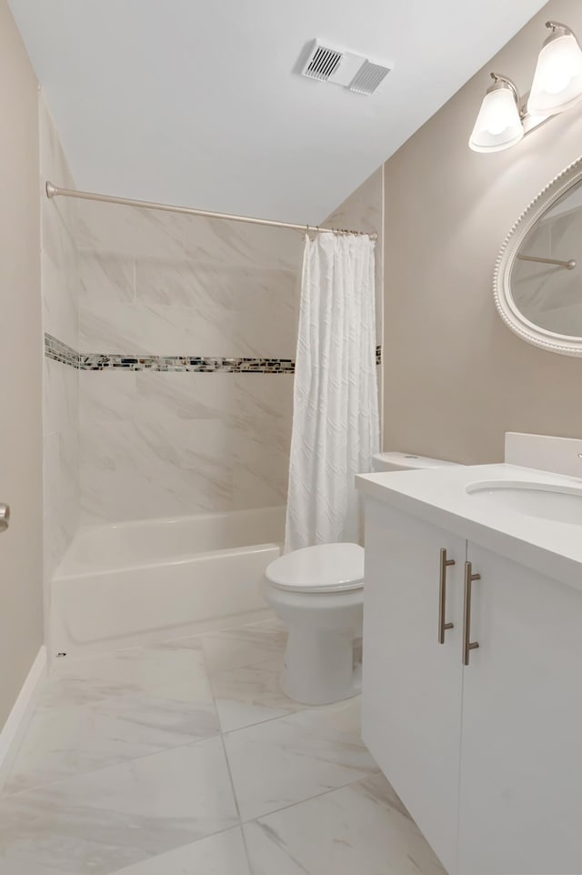 7655 Cinebar Dr Unit 105, Boca Raton, FL 33433 - full bathroom with shower / bath combination with curtain, toilet, vanity, and marble look tile flooring