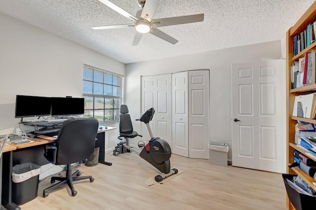 office area featuring a textured ceiling, ceiling fan, and light wood-style floors