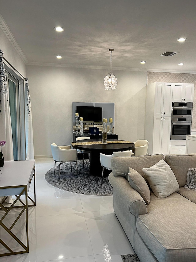 home office with ornamental molding, a chandelier, recessed lighting, and light tile patterned floors
