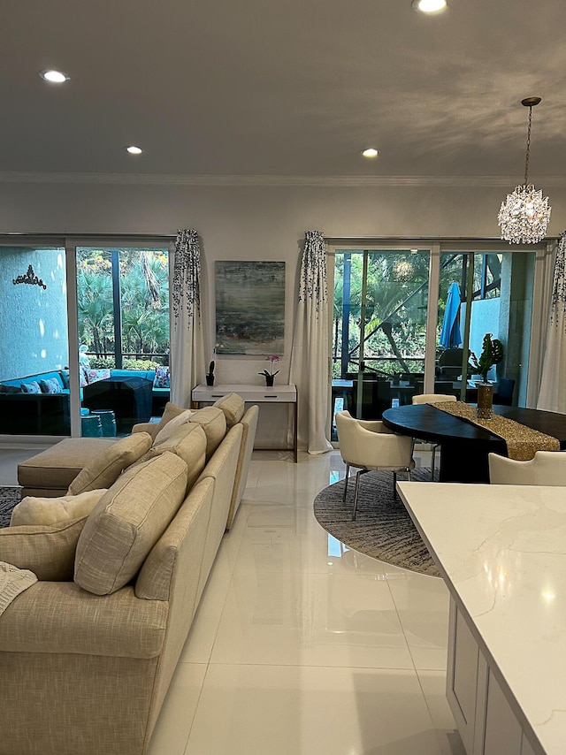 living room featuring recessed lighting, a chandelier, plenty of natural light, light tile patterned flooring, and ornamental molding