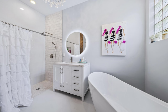bathroom featuring a tile shower, a soaking tub, vanity, finished concrete floors, and recessed lighting