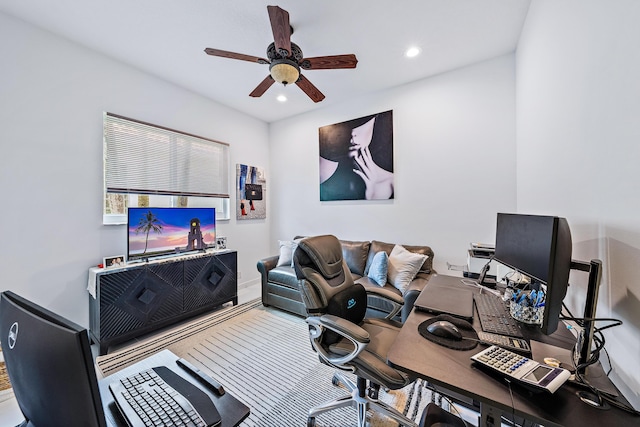 office space featuring ceiling fan and recessed lighting