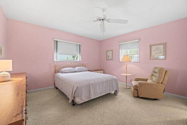 carpeted bedroom with multiple windows, baseboards, and ceiling fan