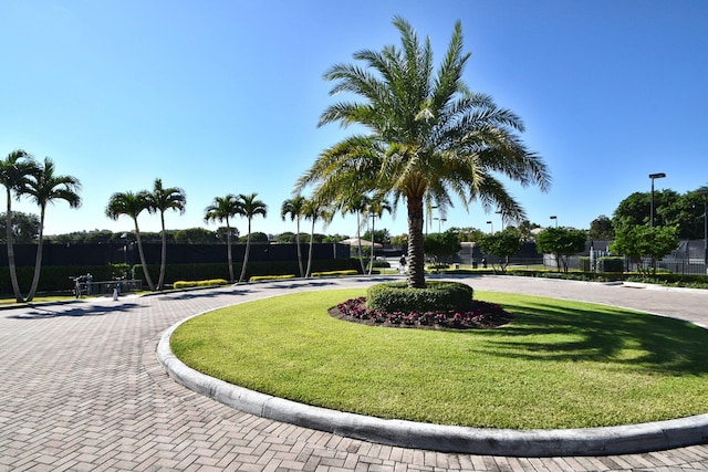 surrounding community featuring curved driveway and a lawn