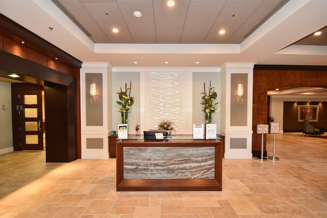 welcome area with ornate columns