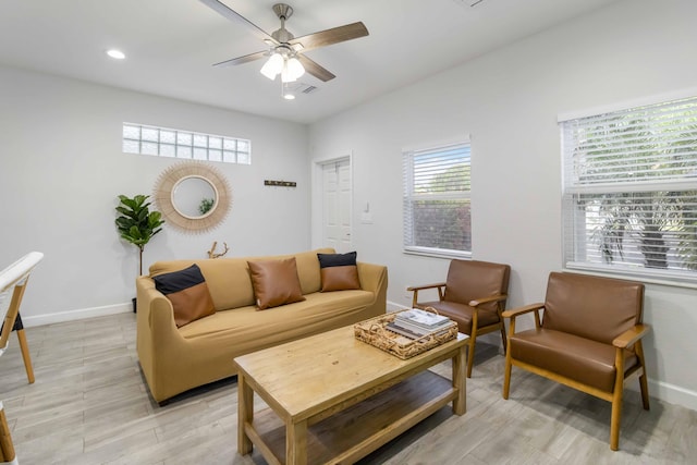 18 S D St, Lake Worth Beach, FL 33460 - living room featuring baseboards, light wood-type flooring, ceiling fan, and recessed lighting