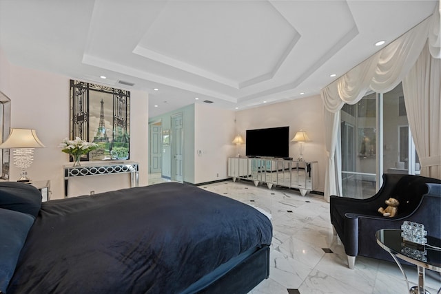 bedroom featuring a raised ceiling, marble tiled floors, recessed lighting, and baseboards