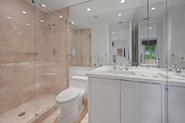 full bath with a stall shower, toilet, vanity, and recessed lighting