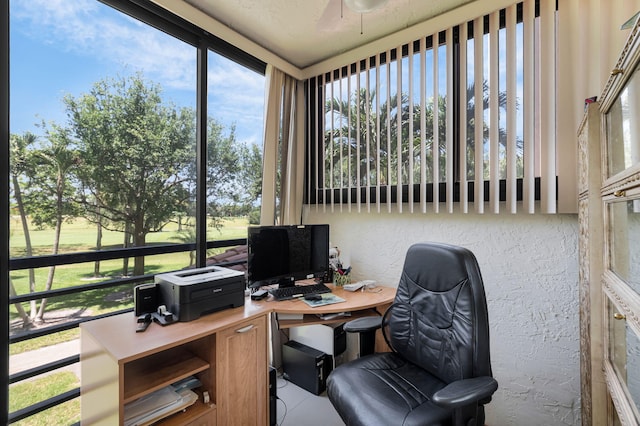 office with a textured wall and ceiling fan
