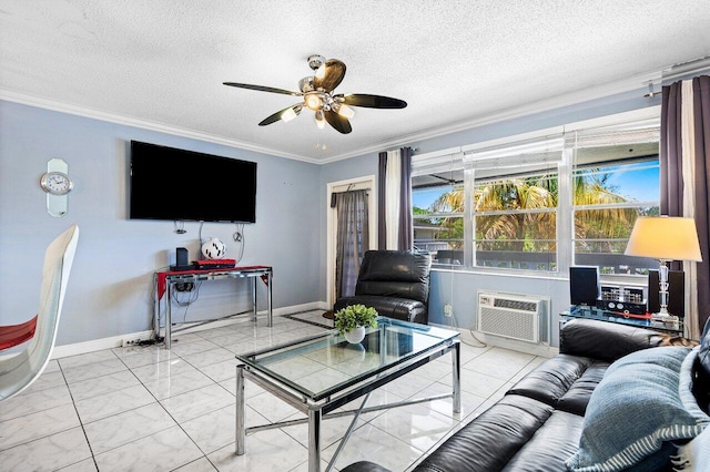 19 Islewood A 19, Deerfield Beach, FL 33442 - living room with ornamental molding, a ceiling fan, a wall unit AC, marble finish flooring, and baseboards