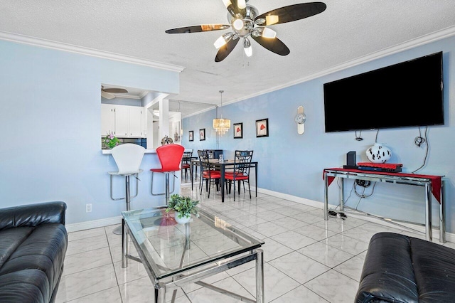 19 Islewood A 19, Deerfield Beach, FL 33442 - living room with crown molding, a ceiling fan, a textured ceiling, baseboards, and light tile patterned floors