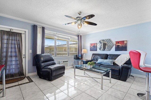19 Islewood A 19, Deerfield Beach, FL 33442 - living area with a ceiling fan, ornamental molding, baseboards, a textured ceiling, and marble look tile flooring