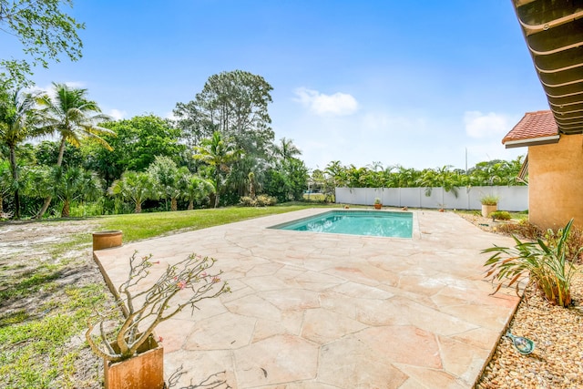 view of swimming pool featuring a patio area and fence