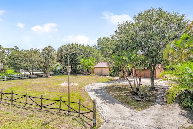 view of yard featuring curved driveway