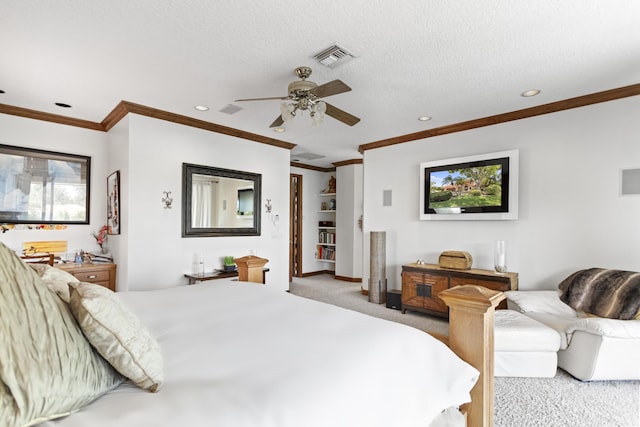 carpeted bedroom with ornamental molding, recessed lighting, and a ceiling fan
