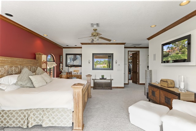 bedroom featuring crown molding, light carpet, recessed lighting, baseboards, and ceiling fan