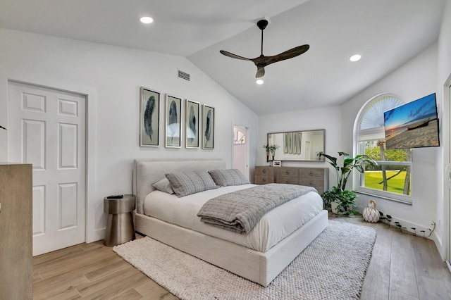3704 Fairway Dr N, Jupiter, FL 33477 - bedroom featuring lofted ceiling, light wood finished floors, ceiling fan, and recessed lighting