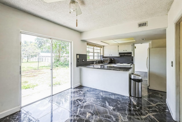 kitchen featuring freestanding refrigerator, under cabinet range hood, a peninsula, a sink, and dark countertops