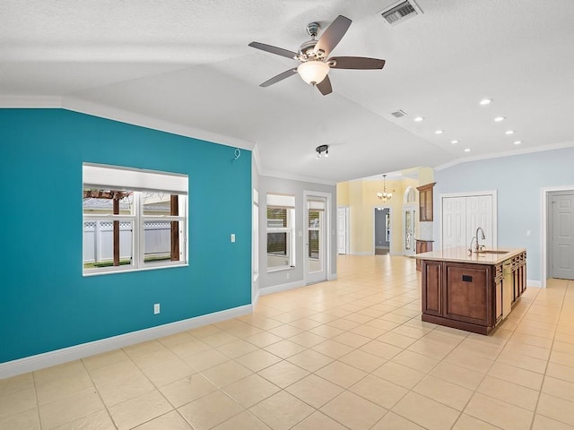 800 Alexandra Ave SW, Vero Beach, FL 32968 - unfurnished living room with vaulted ceiling, a sink, ornamental molding, baseboards, and a chandelier