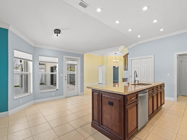 800 Alexandra Ave SW, Vero Beach, FL 32968 - kitchen featuring a sink, dishwasher, ornamental molding, a chandelier, and baseboards