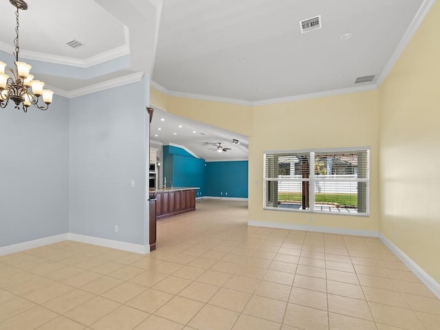800 Alexandra Ave SW, Vero Beach, FL 32968 - unfurnished room featuring ornamental molding, a chandelier, light tile patterned floors, baseboards, and a ceiling fan