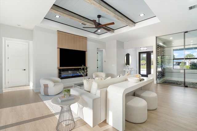 16149 73rd Ter N, West Palm Beach, FL 33418 - living area featuring ceiling fan, light wood finished floors, beam ceiling, baseboards, and recessed lighting