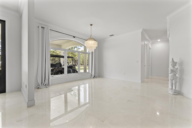 14819 Broken Arrow Pl, Palm Beach Gardens, FL 33418 - unfurnished dining area featuring ornamental molding, a chandelier, marble tiled flooring, and baseboards