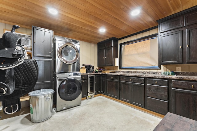 14819 Broken Arrow Pl, Palm Beach Gardens, FL 33418 - clothes washing area with stacked washing machine and dryer, recessed lighting, beverage cooler, and wooden ceiling
