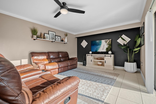 6824 68th Way, West Palm Beach, FL 33409 - living area with a ceiling fan, crown molding, light tile patterned floors, and baseboards