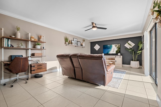 6824 68th Way, West Palm Beach, FL 33409 - living area featuring crown molding, ceiling fan, light tile patterned floors, and baseboards