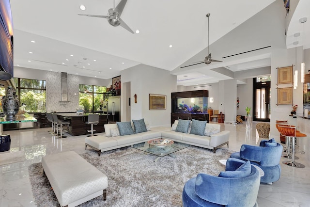 2783 Rhone Dr, Palm Beach Gardens, FL 33410 - living room with a ceiling fan, light marble finish flooring, recessed lighting, and high vaulted ceiling
