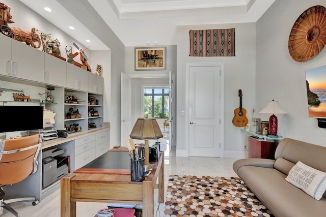 2783 Rhone Dr, Palm Beach Gardens, FL 33410 - office space featuring built in desk, recessed lighting, baseboards, light marble finish floors, and a raised ceiling