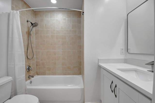 bathroom with toilet, shower / tub combo with curtain, vanity, and recessed lighting