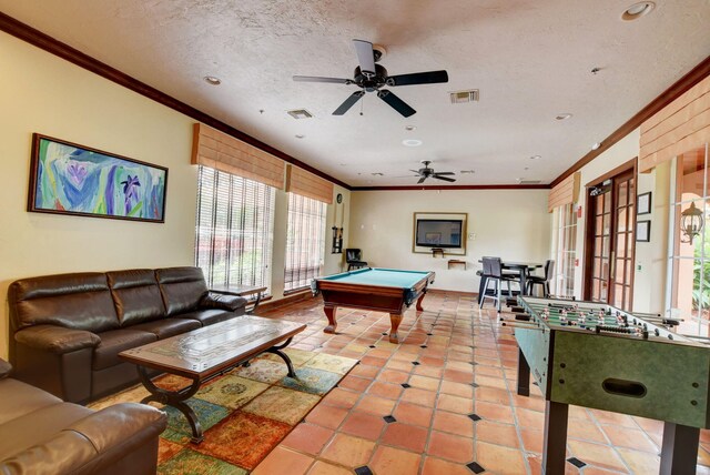 recreation room featuring ceiling fan, crown molding, pool table, tile patterned floors, and recessed lighting
