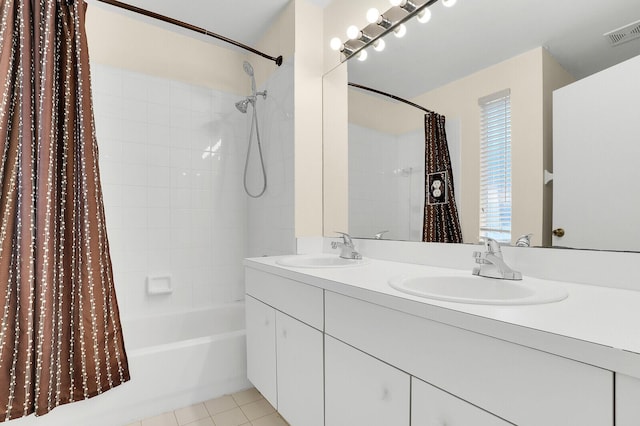 8074 Stirrup Cay Ct, Boynton Beach, FL 33436 - bathroom featuring shower / bath combo with shower curtain, tile patterned floors, and double vanity