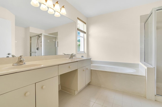 8074 Stirrup Cay Ct, Boynton Beach, FL 33436 - bathroom featuring a stall shower, a garden tub, double vanity, and tile patterned flooring