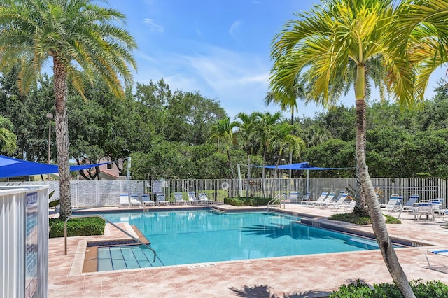 8074 Stirrup Cay Ct, Boynton Beach, FL 33436 - community pool with a patio area, fence, and view of wooded area