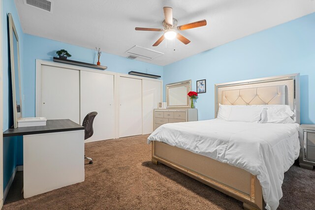 7503 NW 42nd St, Coral Springs, FL 33065 - carpeted bedroom featuring attic access, two closets, and a ceiling fan