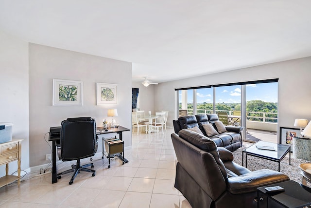 44 Cocoanut Row Unit 626B, Palm Beach, FL 33480 - living room featuring light tile patterned flooring, baseboards, and ceiling fan