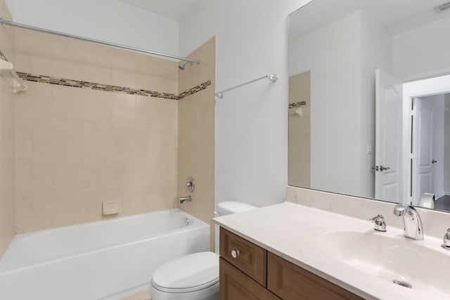 full bath with toilet, shower / tub combination, and vanity