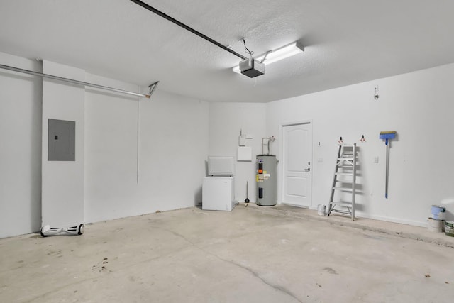 garage featuring water heater, electric panel, and a garage door opener