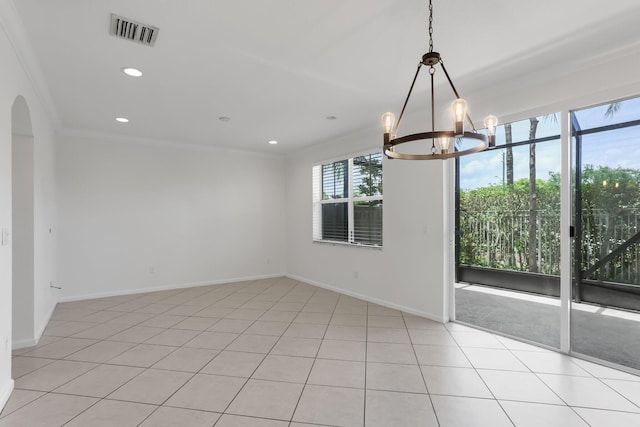 unfurnished room with a chandelier, ornamental molding, light tile patterned flooring, baseboards, and recessed lighting